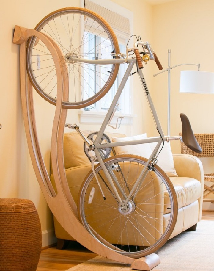 bike on indoor storage rack in living room 