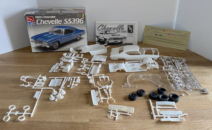 Picture of all pieces of Chevelle ss396 plastic model kits