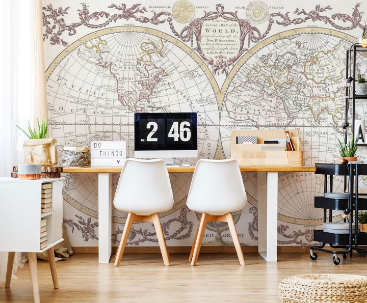 home office with world wallpaper 