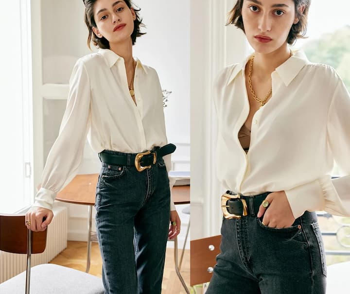 girl wearing white silk shirt and black jeans