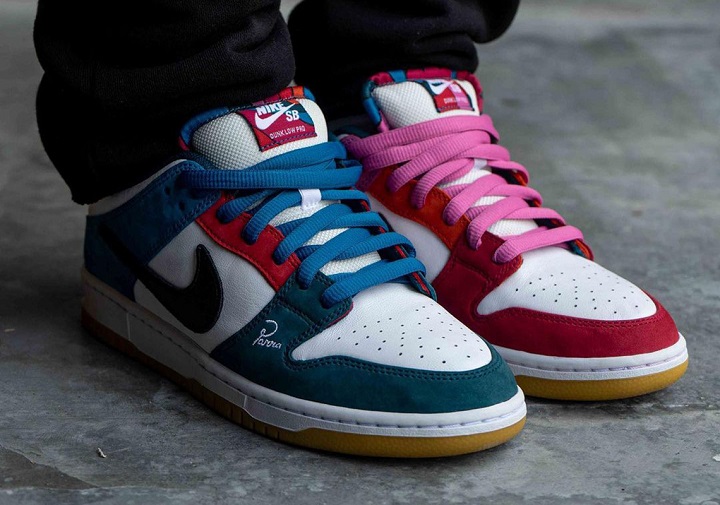 person wearing two different coloured nike sb dunk sneakers